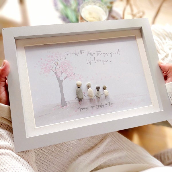 Personalised Mum Grandparent Pebble Picture - Framed Pebble - Family Pebble Art - Pebble Picture - Mother's Day Birthday Gift - Blossom Tree