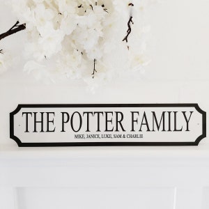 May include: A rectangular sign with the text "THE POTTER FAMILY" in black, with the names Mike, Janice, Luke, Sam & Charlie below. The sign has a white background and a black border. White flowers are in the background.