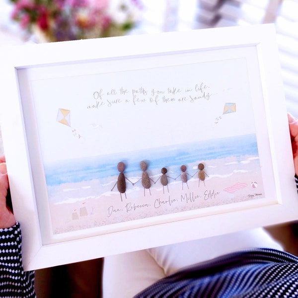 Personalised Seaside Pebble Picture - Framed Pebble - Pebble Art Mother's Day Birthday Gift - Family By The Sea