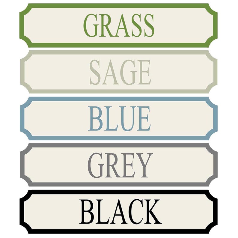 May include: A graphic displaying color swatches labeled "GRASS," "SAGE," "BLUE," "GREY," and "BLACK." Each color name is printed in its corresponding color on a rectangular label with a decorative border. The labels are arranged vertically.