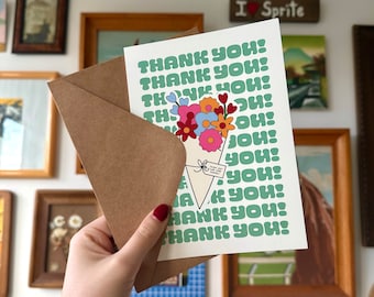 Tarjeta de agradecimiento floral: ramo colorido, interior en blanco