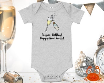 Baby One Piece New Year's Outfit, Cute Poppin' Bottles New Year's Baby Bodysuit, Fun Baby Happy New Year's Design