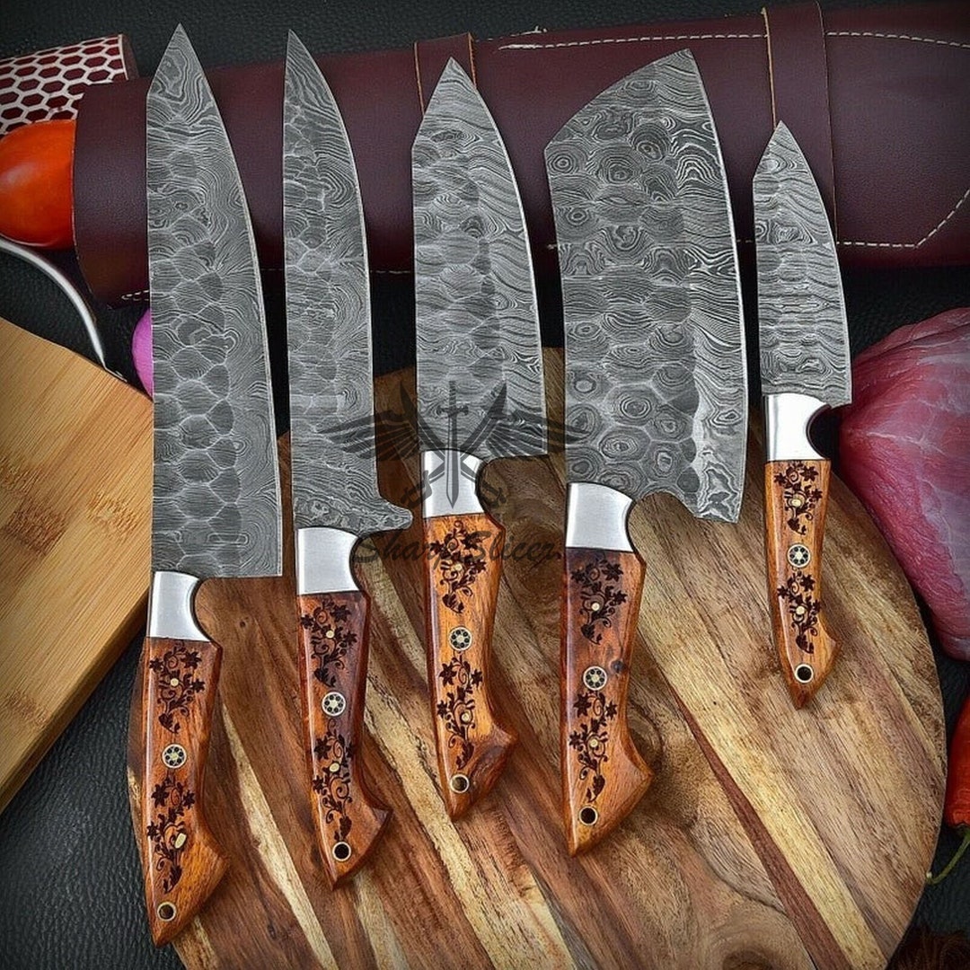 Damascus Steel Kitchen Knife Set, 5 PCS Hand Forged Chef Knife Set With  Leather Roll Kit/Christmas gift/gift for her/kitchen and Dinning