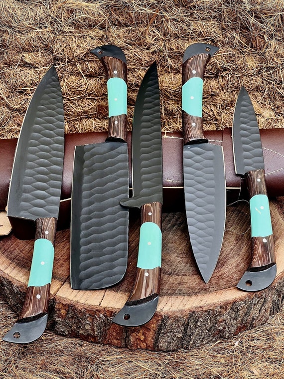 Handmade Chef Knife Set of 5pcs With Leather Sheath, D2 Steel Chef