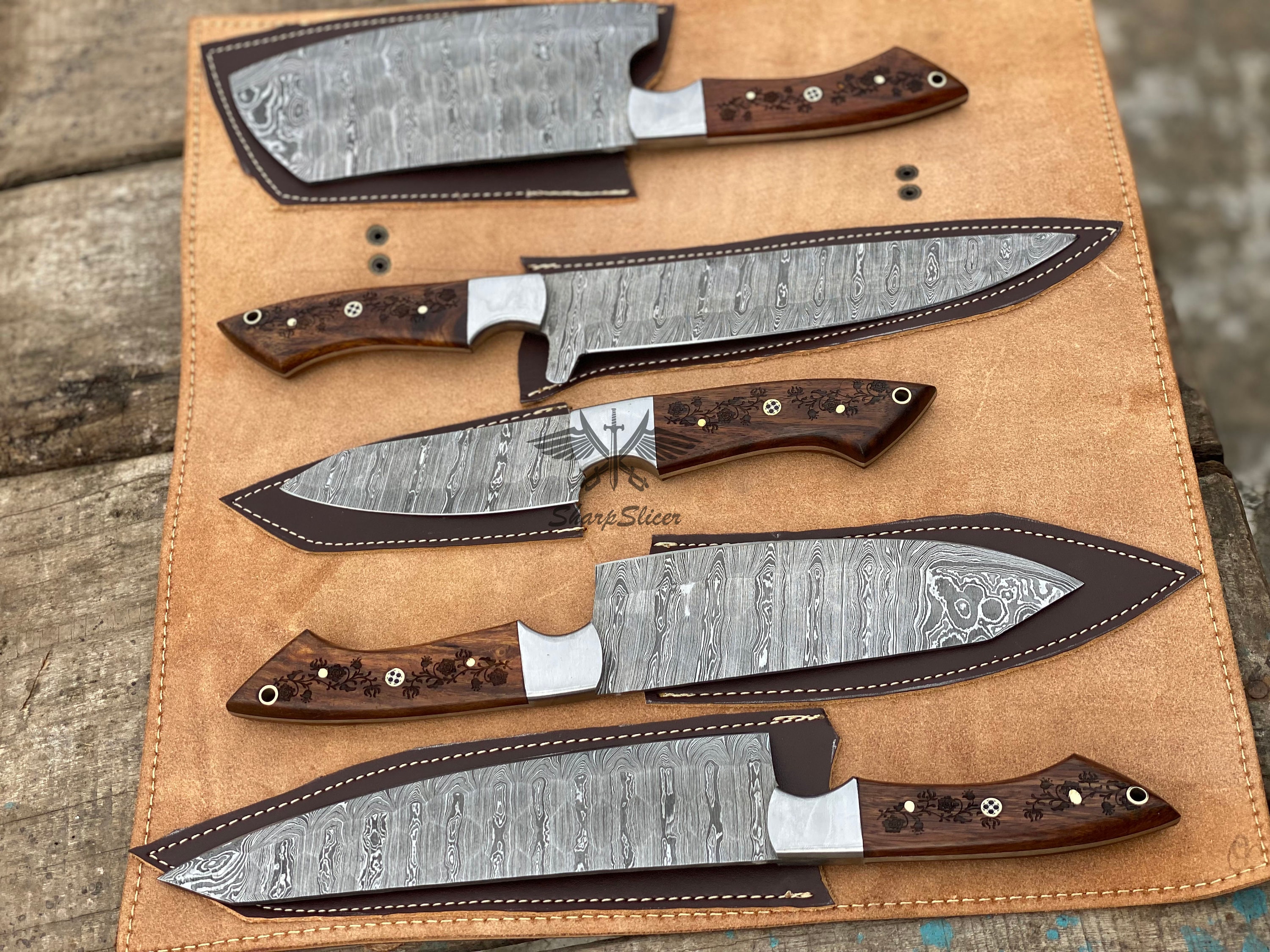 Hand Forged Damascus Steel Professional Chef Knives Set of 8, Kitchen Knife  With Leather Bag Roll, Olive Wood Cooking Knives, Groomsman Gift 