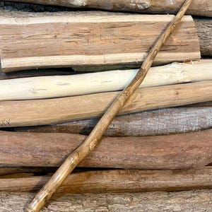 May include: A long, slender wooden wand with a smooth, polished finish and a natural light brown color. The wand features a slightly curved shape with visible wood grain patterns and small, rounded knots along its length, tapering to a point.