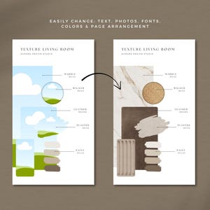 May include: Two mood boards for a texture living room design. The left board features a sky and grass graphic, while the right board showcases marble, wicker, leather, plaster, and paint swatches. Text reads: Easily change text, photos, fonts, colors & page arrangement.