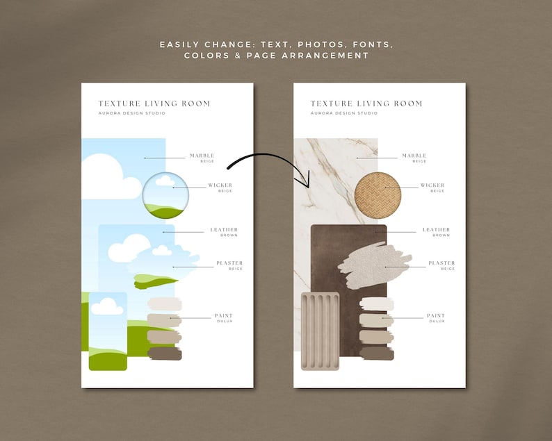 May include: Two mood boards for a texture living room design. The left board features a sky and grass graphic, while the right board showcases marble, wicker, leather, plaster, and paint swatches. Text reads: Easily change text, photos, fonts, colors & page arrangement.