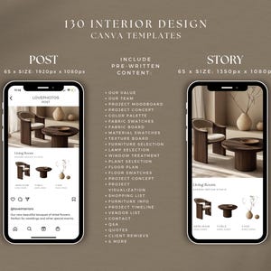 May include: Image showcasing 130 Interior Design Canva Templates. Two smartphones display interior design examples, including a living room scene with a chair, table, and vase. Text includes "Post" and "Story" templates with pre-written content.