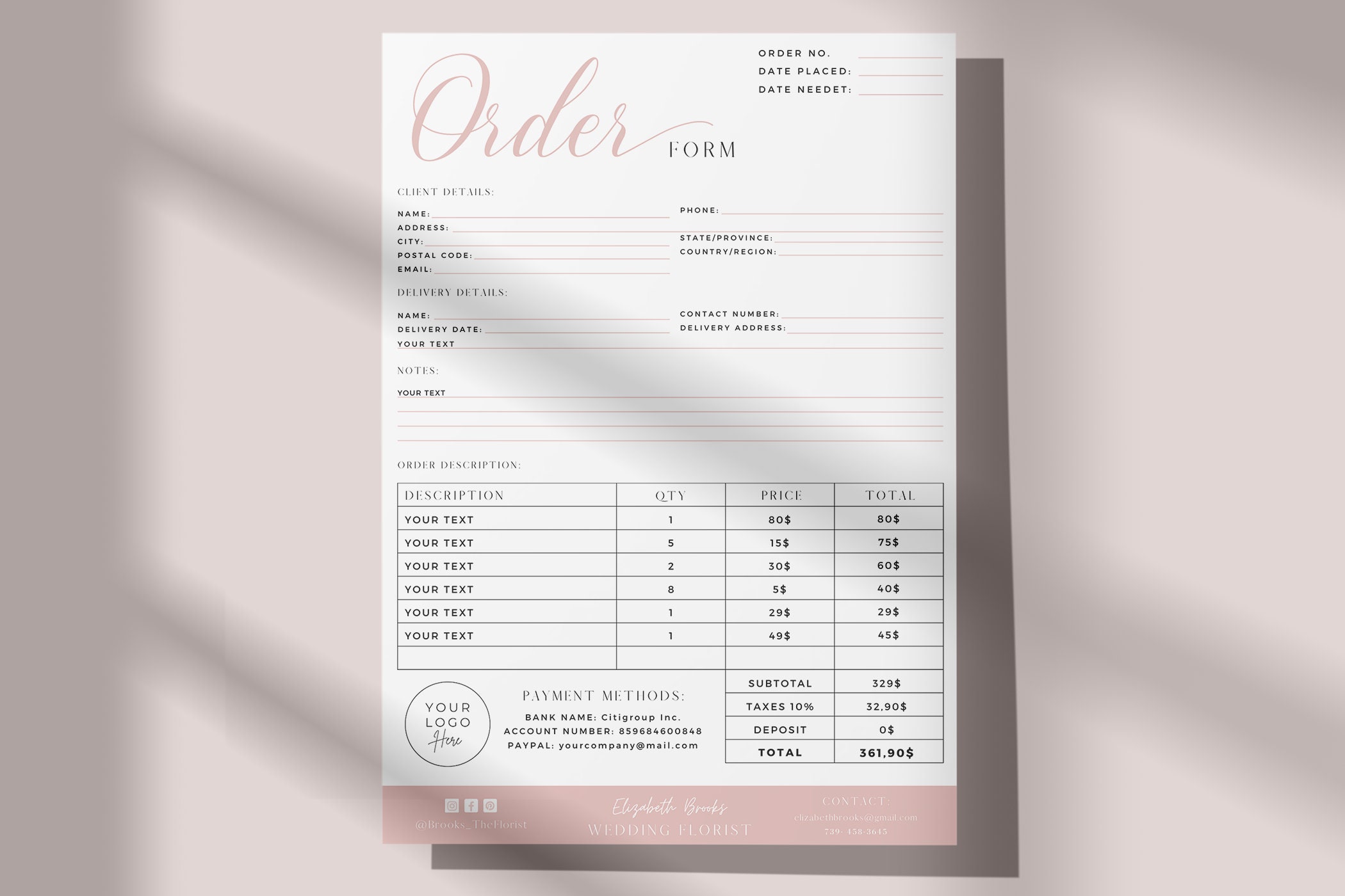 Custom Order Form Template / Canva Order Form Template / Pink Invoice ...