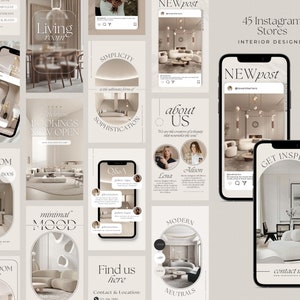 May include: A collage of Instagram posts showcasing interior design services. The posts feature images of modern living rooms, bathrooms, and other spaces, along with text about the company's services, including bookings, design consultations, and inspiration. The text "45 Instagram Stores" and "INTERIOR DESIGNER" are also visible.