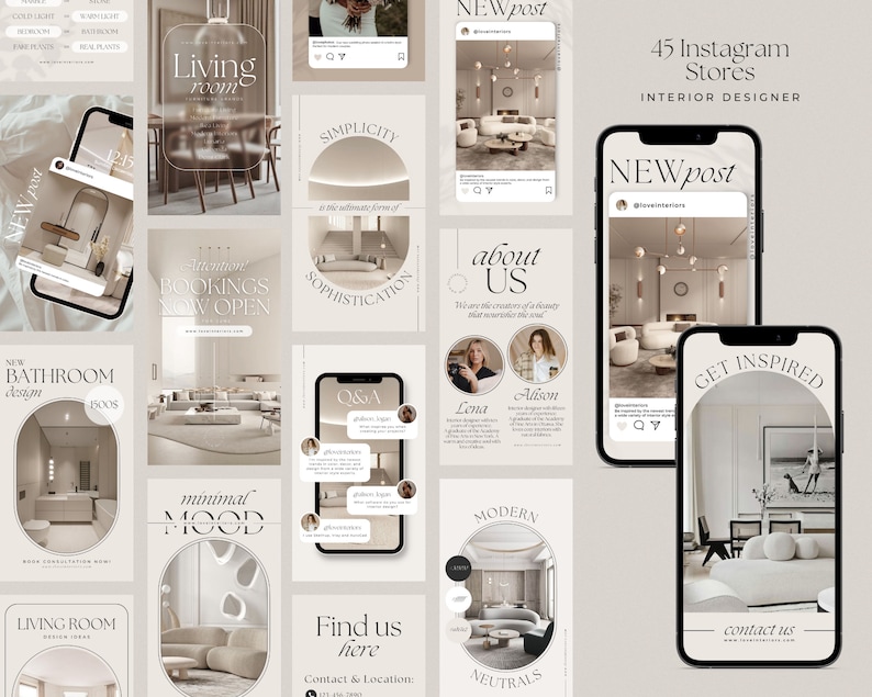 May include: A collage of Instagram posts showcasing interior design services. The posts feature images of modern living rooms, bathrooms, and other spaces, along with text about the company's services, including bookings, design consultations, and inspiration. The text "45 Instagram Stores" and "INTERIOR DESIGNER" are also visible.