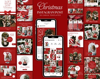 May include: A collection of 50 Instagram post templates for Christmas, featuring a red and white color scheme with images of winter scenes, gifts, and holiday decorations. The templates are designed for use with Canva.