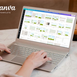 May include: A laptop computer with a white background and the text "Canva TEMPLATE" displayed on the screen. The screen shows a variety of design templates for social media posts, presentations, and other digital content.