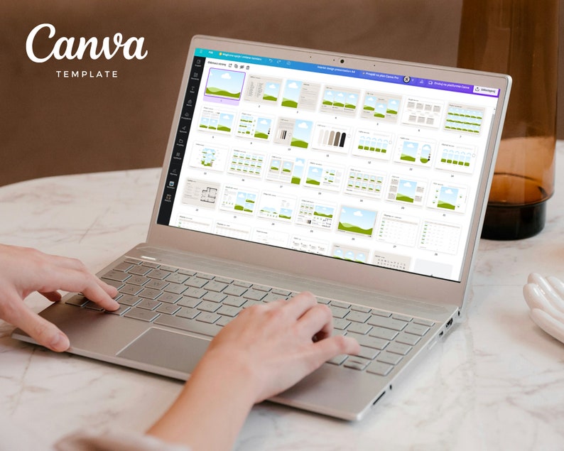 May include: A laptop computer with a white background and the text "Canva TEMPLATE" displayed on the screen. The screen shows a variety of design templates for social media posts, presentations, and other digital content.