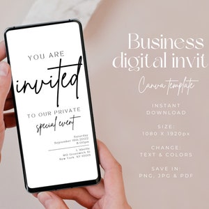 May include: A black and white digital invitation template for a private special event. The text reads "You are invited to our private special event" with the date, time, and location listed below. The template is designed for use with Canva and can be saved in PNG, JPG, and PDF formats.