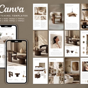 May include: A digital design template set for Canva, featuring a neutral color palette and modern interior design elements. The image includes mockups of mobile phone screens displaying various design layouts, with text that reads "Canva MATCHING TEMPLATES".