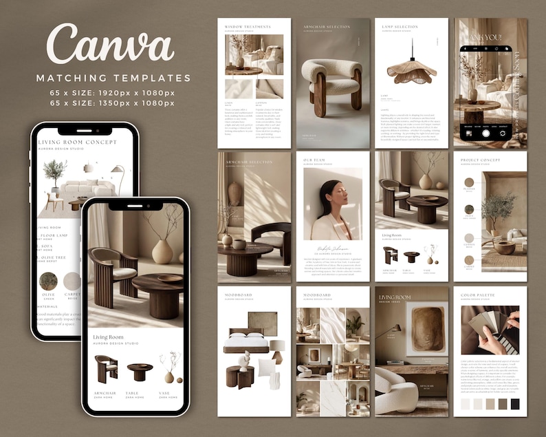 May include: A digital design template set for Canva, featuring a neutral color palette and modern interior design elements. The image includes mockups of mobile phone screens displaying various design layouts, with text that reads "Canva MATCHING TEMPLATES".