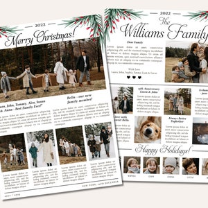 May include: A Christmas card featuring a family portrait with the text "2022 The Williams Family" and "Merry Christmas!" The card includes photos of the family, their dog, and a trip to Iceland. The card also includes a message about their new family member, Bella.