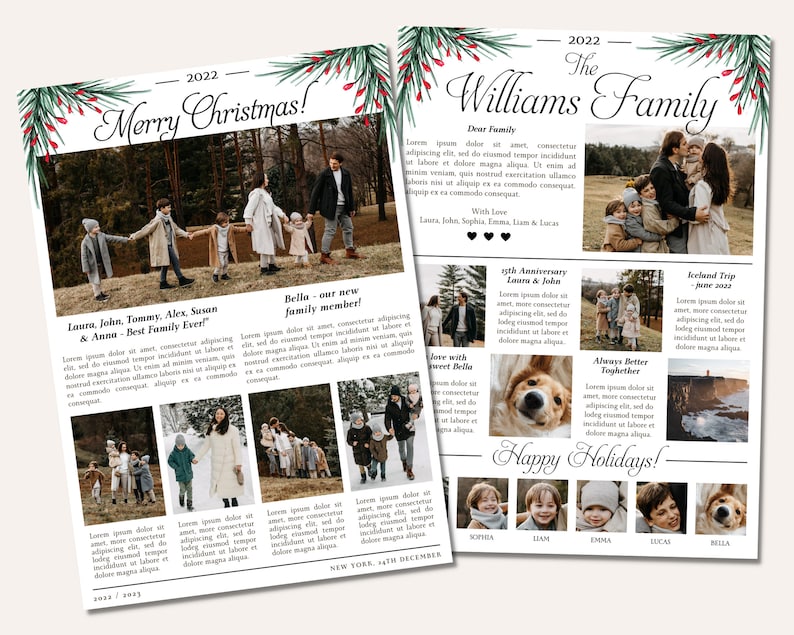 May include: A Christmas card featuring a family portrait with the text "2022 The Williams Family" and "Merry Christmas!" The card includes photos of the family, their dog, and a trip to Iceland. The card also includes a message about their new family member, Bella.