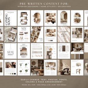 May include: A collection of digital templates for interior designers and home stylists. The templates feature various layouts with text and images, showcasing modern interior design concepts. The color palette includes neutral tones, with text that reads "Coming Soon" and "Stay Tuned".