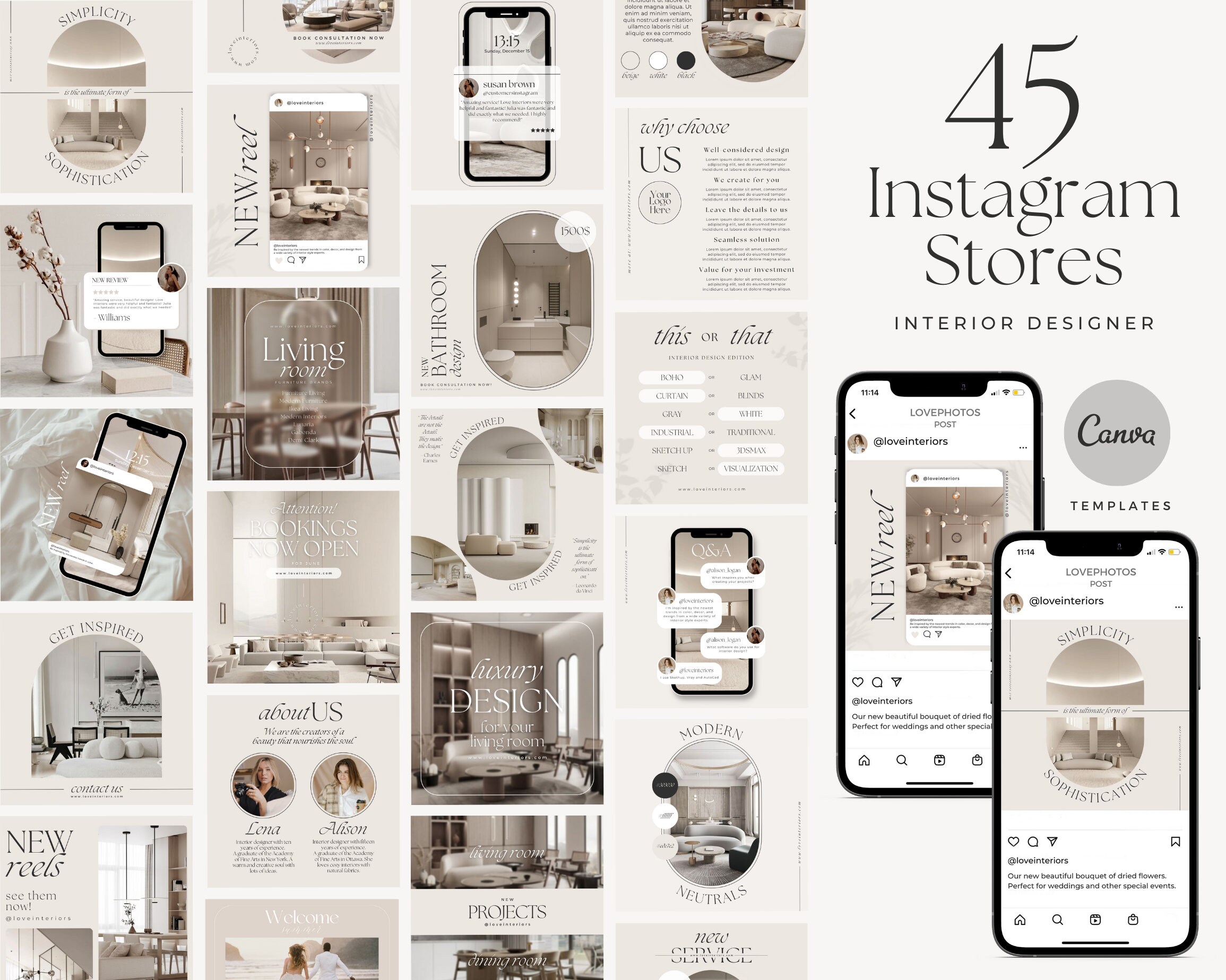 Interior Design Instagram Templates / Canva Template Bundle / Aesthetic ...