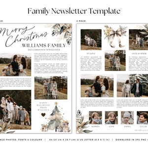 May include: A Christmas newsletter template with a festive design featuring a family portrait and a Christmas tree. The template includes a title "Merry Christmas Williams Family" and the text "2023 Christmas Newsletter". The newsletter also includes sections for "In Love" and "Our Summer" with family photos and captions.