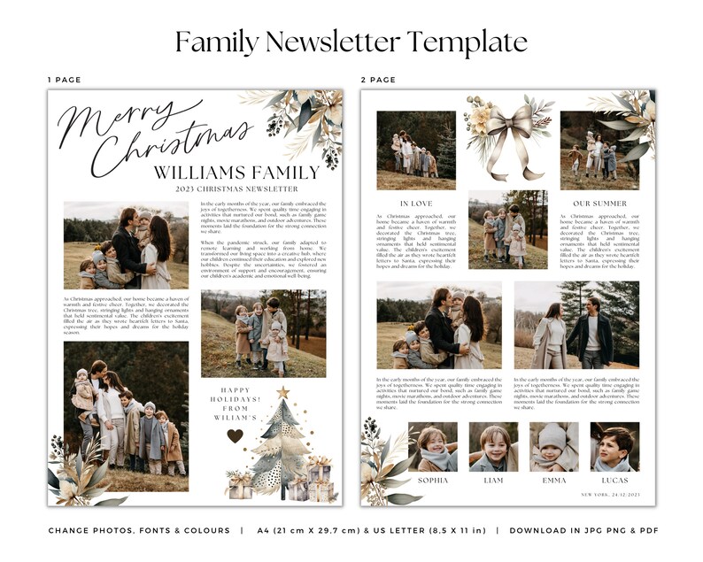 May include: A Christmas newsletter template with a festive design featuring a family portrait and a Christmas tree. The template includes a title "Merry Christmas Williams Family" and the text "2023 Christmas Newsletter". The newsletter also includes sections for "In Love" and "Our Summer" with family photos and captions.