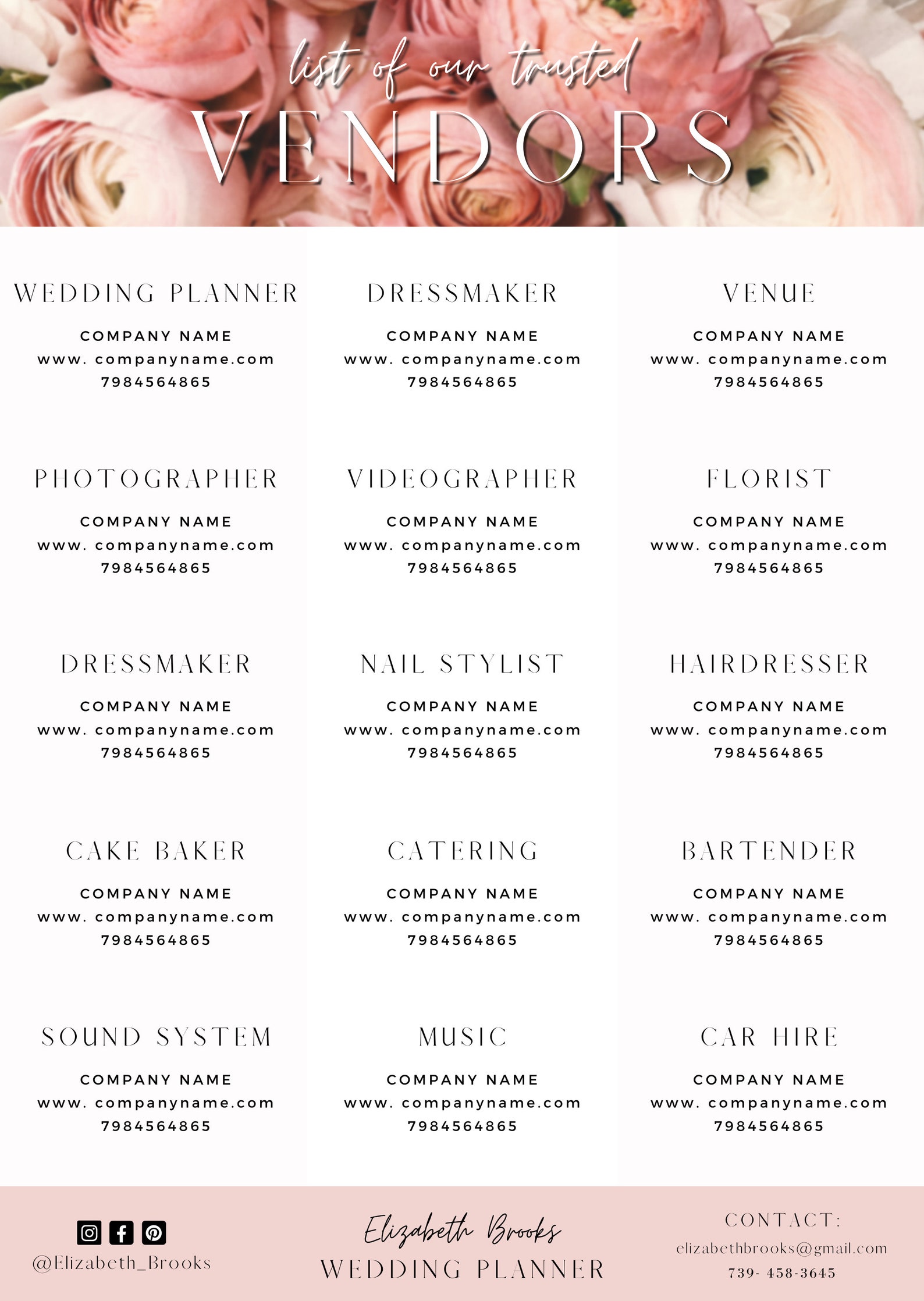 Vendor List Editable Wedding Template Wedding Planner Etsy