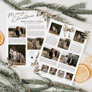May include: A Christmas newsletter from the Williams family featuring photos of the family and text about their year. The newsletter has a festive design with a green and gold floral border.