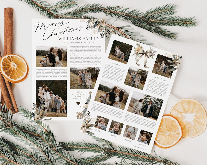 May include: A Christmas newsletter from the Williams family featuring photos of the family and text about their year. The newsletter has a festive design with a green and gold floral border.