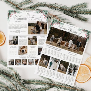 Plantilla de boletín de Navidad / Revisión del año familiar / Plantilla de periódico navideño / Plantilla Canva / Tarjeta de collage de fotos de Navidad