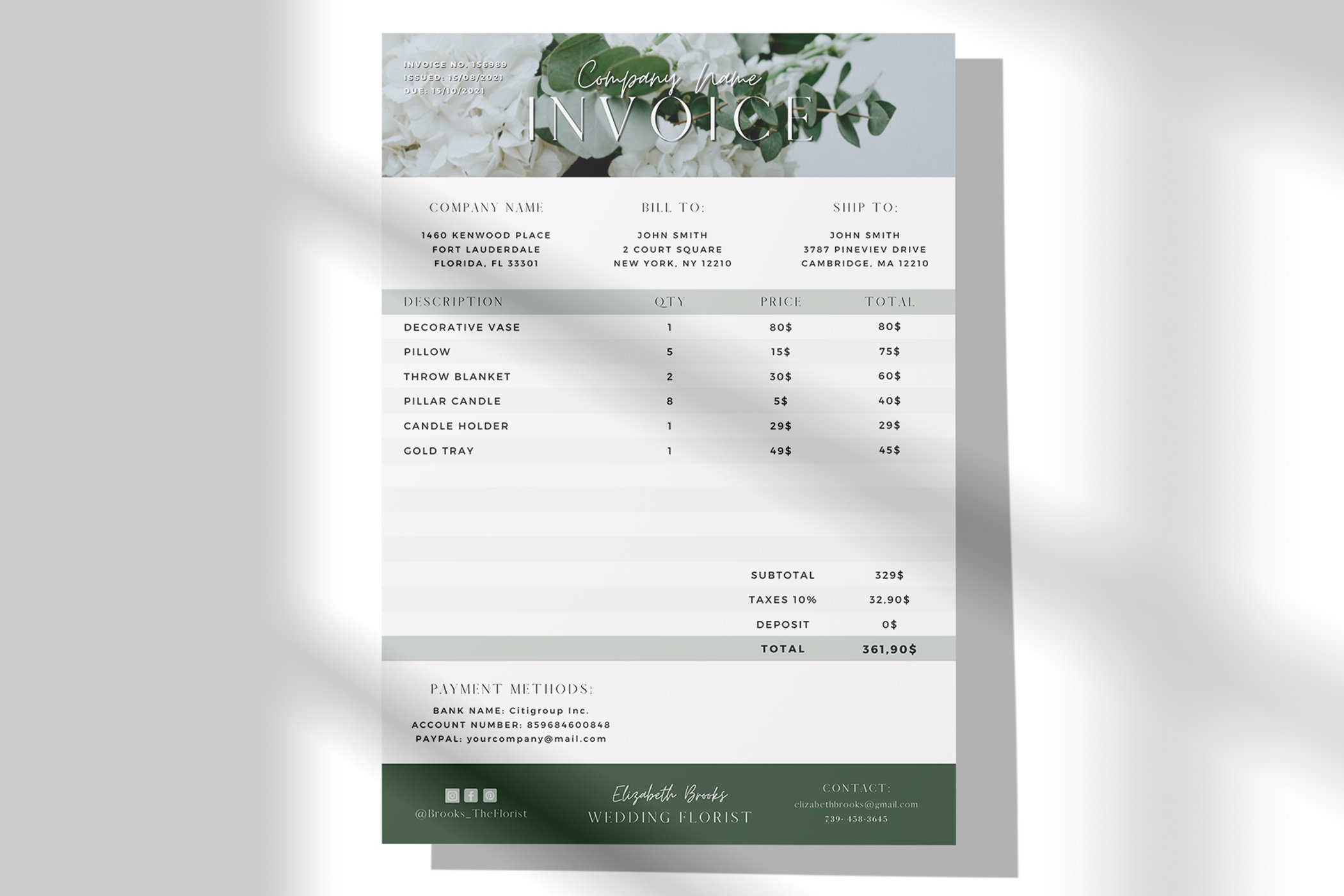 Invoice Template / Wedding Florist Business Form / Editable Billing ...