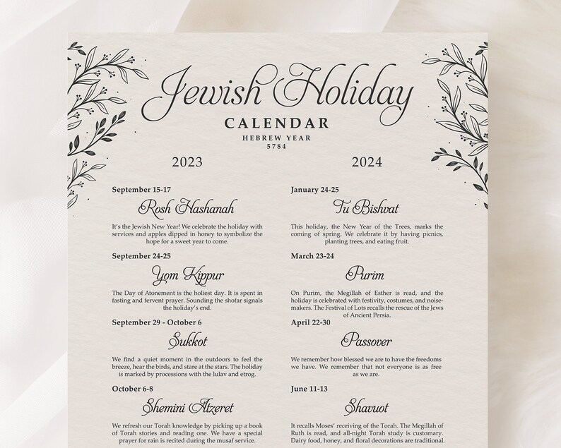 Jewish Holiday Calendar 5784 / Printable Hanukkah Calendar / Hebrew