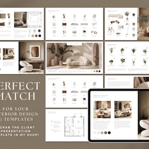 May include: A digital interior design template presentation with various room layouts, furniture, and decor ideas. The text "PERFECT MATCH" is displayed prominently, along with the phrase "FOR YOUR INTERIOR DESIGN IG TEMPLATES".