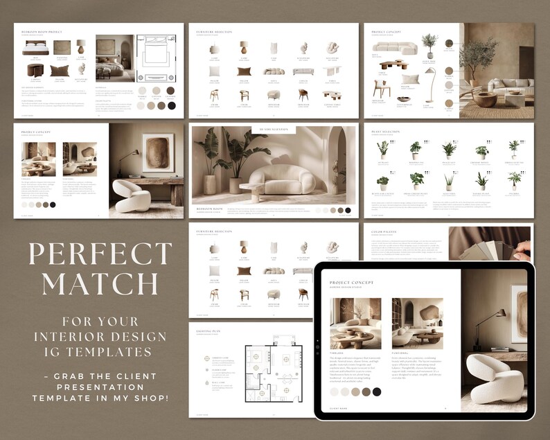 May include: A digital interior design template presentation with various room layouts, furniture, and decor ideas. The text "PERFECT MATCH" is displayed prominently, along with the phrase "FOR YOUR INTERIOR DESIGN IG TEMPLATES".