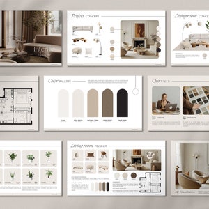 May include: A presentation board for interior design services. The board features a floor plan, color palette, furniture selections, and a 3D visualization of a living room. The text on the board includes "Interior Design", "Project Concept", "Living Room Concept", "Color Palette", "Our Value", "Selection", "Living Room Project", and "3D Visualization".
