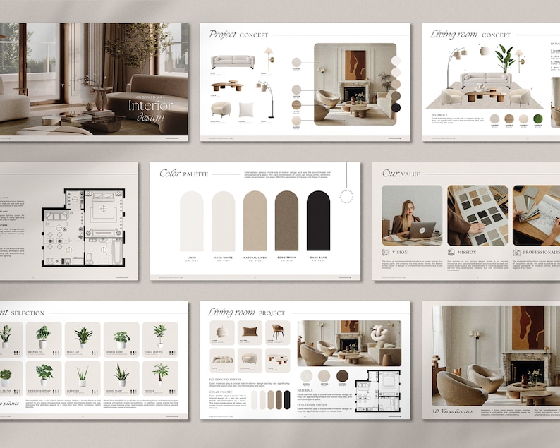 May include: A presentation board for interior design services. The board features a floor plan, color palette, furniture selections, and a 3D visualization of a living room. The text on the board includes "Interior Design", "Project Concept", "Living Room Concept", "Color Palette", "Our Value", "Selection", "Living Room Project", and "3D Visualization".