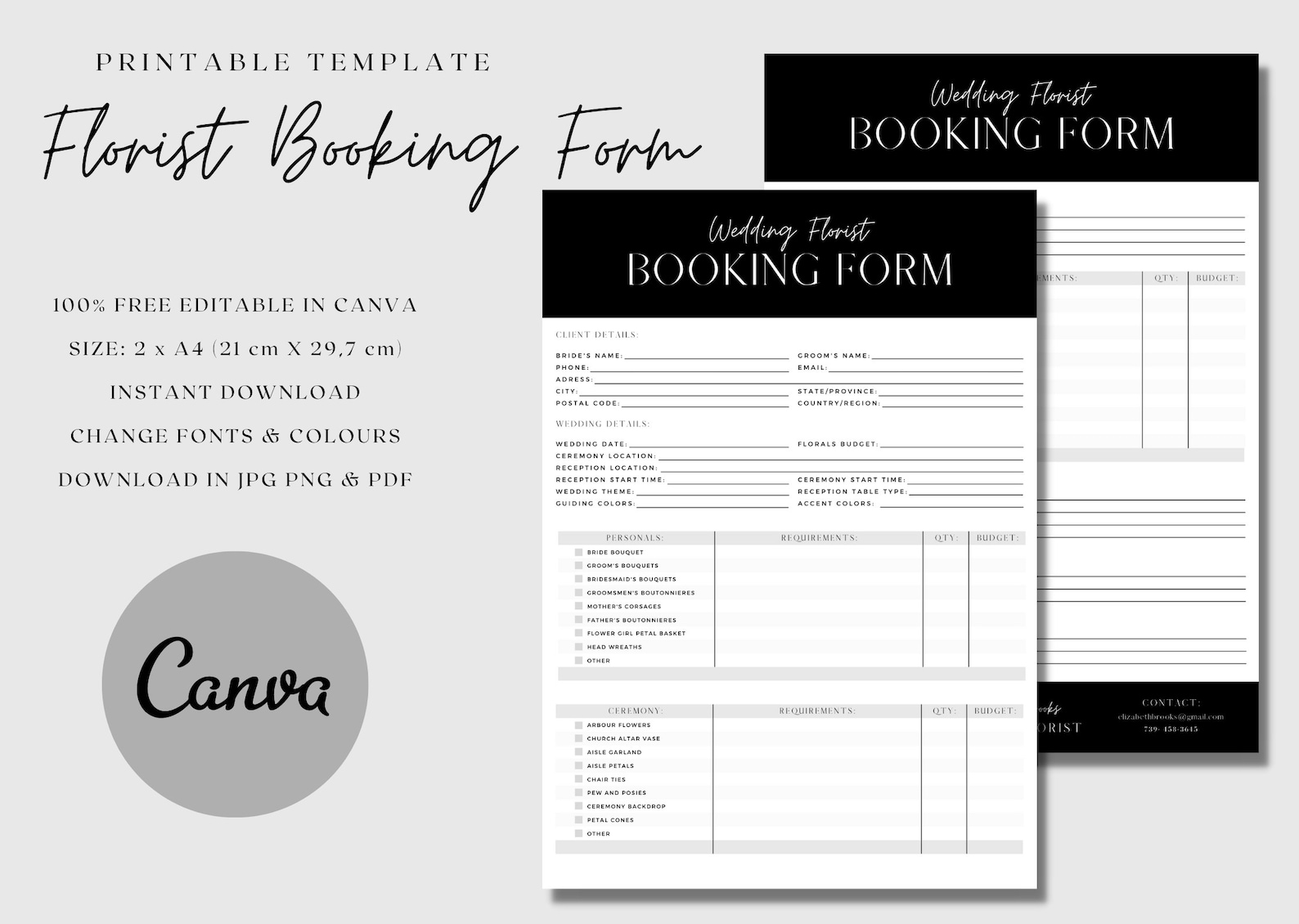 Florist Wedding Booking Form / Wedding Order Forms / Florist Etsy