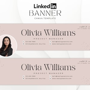 Puede incluir: Una plantilla de banner de LinkedIn rosa y blanco con una foto de perfil de una mujer, el texto "Olivia Williams, Gerente de Proyecto", información de contacto y la frase "¡Creado para crear! Trabajemos juntos".