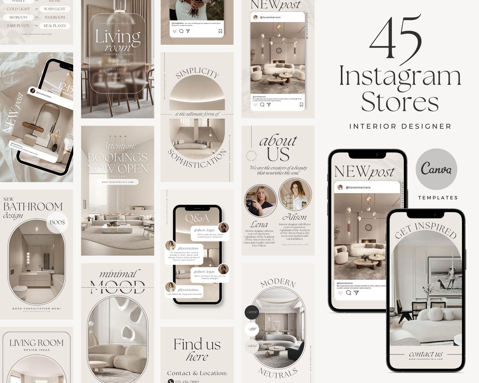 Interior Design Instagram Templates / Canva Template Bundle / Aesthetic ...