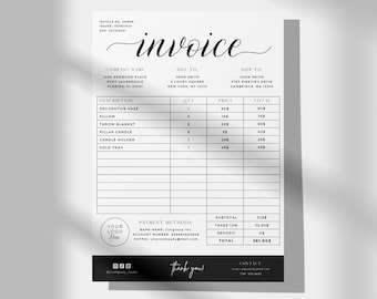 May include: Black and white invoice template with a handwritten font. The invoice includes a description of items, quantity, price, and total. The invoice also includes payment methods, subtotal, taxes, deposit, and total.