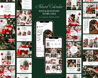 May include: A collection of Instagram post templates for the holiday season. The templates feature festive imagery, including gift boxes, Christmas trees, and seasonal text. The design includes a dark green background and two smartphones displaying the templates.