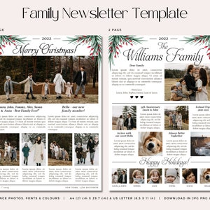 May include: A two-page Christmas family newsletter template with a festive green and red watercolor design. The template features a family photo, a Christmas message, and a section for family updates. The text includes "Merry Christmas!" and "The Williams Family".