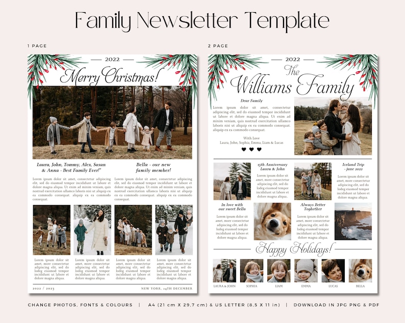 May include: A two-page Christmas family newsletter template with a festive green and red watercolor design. The template features a family photo, a Christmas message, and a section for family updates. The text includes "Merry Christmas!" and "The Williams Family".