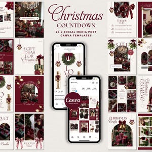 Puede incluir: Un conjunto de 24 plantillas de publicaciones para redes sociales con temática navideña, en una combinación de colores burdeos y dorado. Los diseños incluyen imágenes festivas como decoraciones, regalos y textos como "Winter Time!" y "Christmas is Coming."
