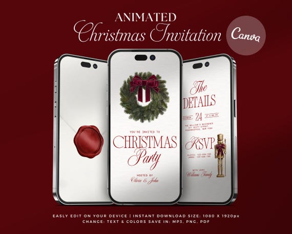 Christmas Party Invitation Template / Witer Editable Canva Video Invite / Elegant Holiday Digital Download / Xmas Event Dinner Evite