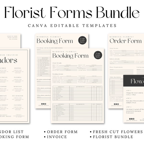 Florist Forms Templates Bundle, Florist Branding Pack,  Booking Form, Order Form, Invoice, Vendor List, Branding Pack for florist, Canva