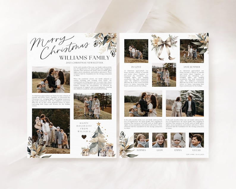 With the Christmas Family Newsletter Template, you can create beautiful Christmas graphics. You can submit the template for printing or upload holiday info graphic to your social media this editable template. Upload your own photos!