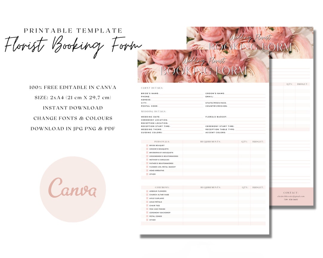 Florist Wedding Booking Form / Wedding Order Forms / Florist Marketing